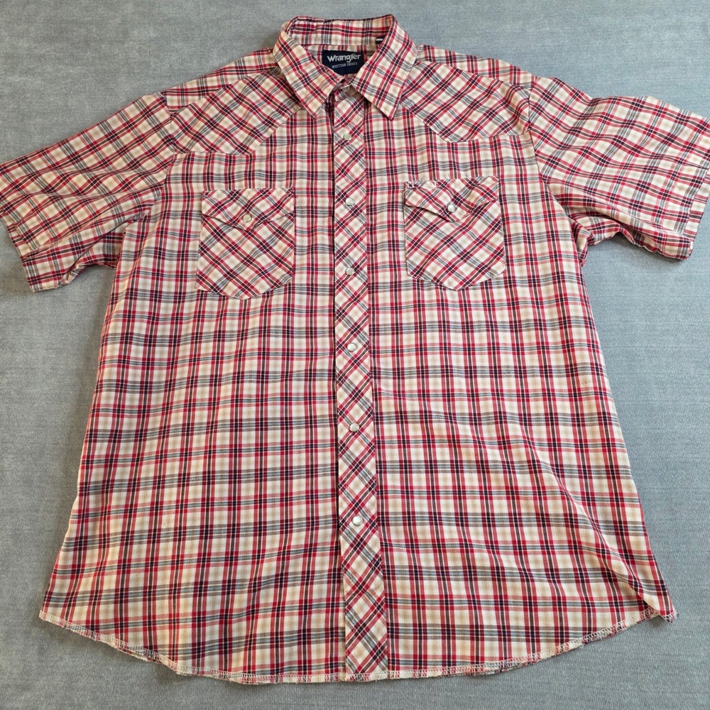 Wrangler Western Shirt Women Large Red Plaid Good Pearl Snap Short Sleeve Retro